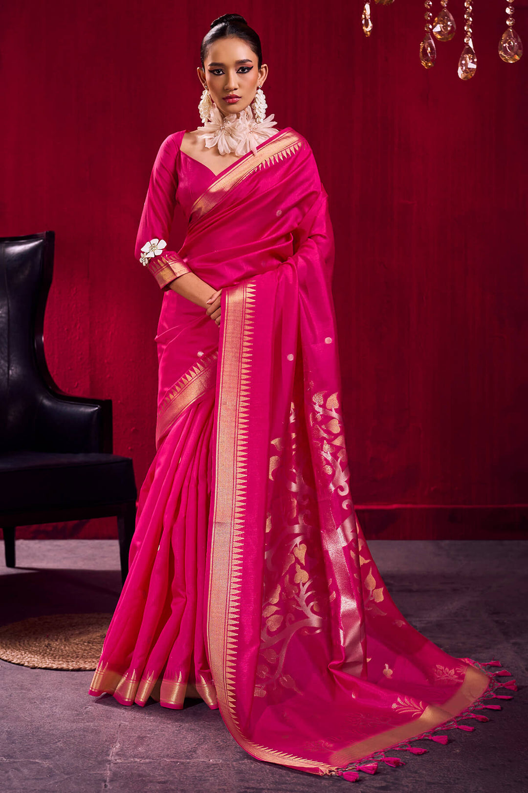 Dark Pink Banarasi Satin Linen Silk Saree