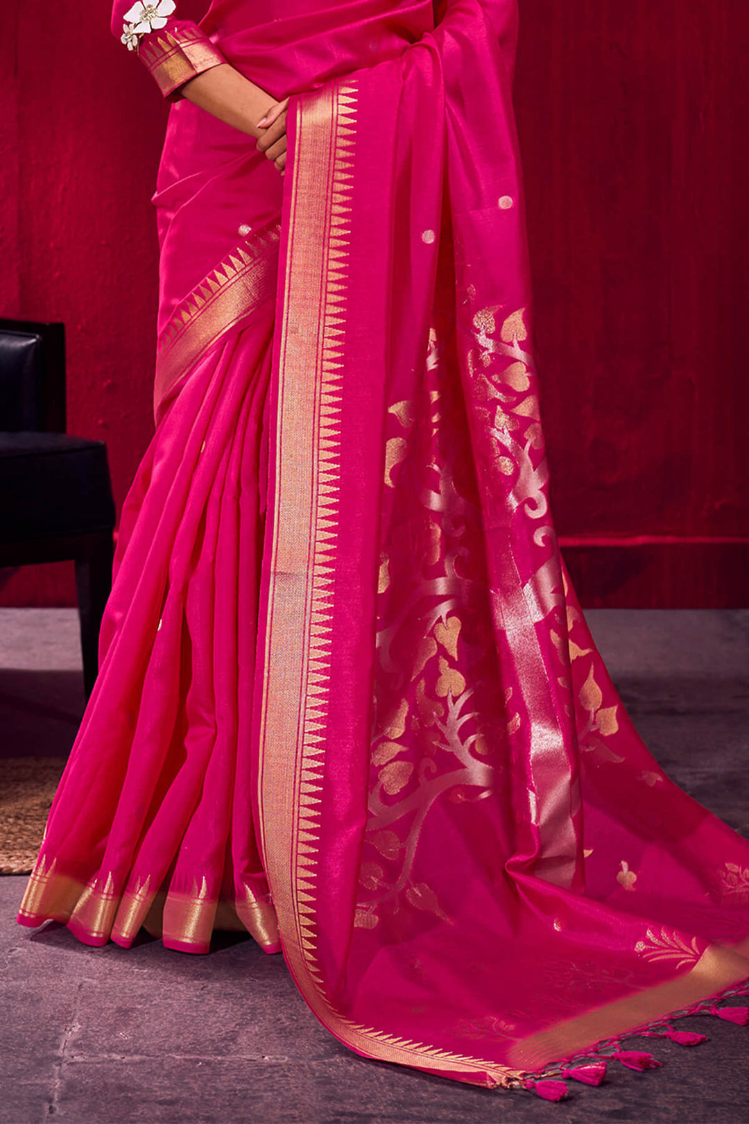 Dark Pink Banarasi Satin Linen Silk Saree
