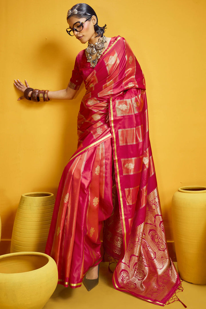 Dark Pink Banarasi Satin Silk Saree