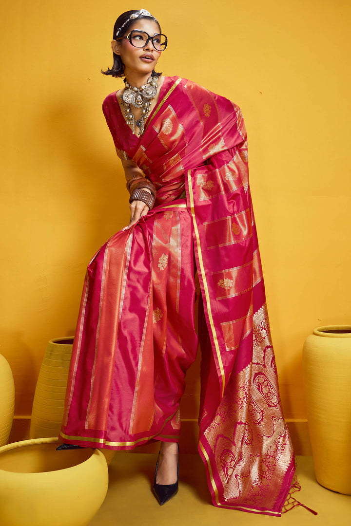 Dark Pink Banarasi Satin Silk Saree