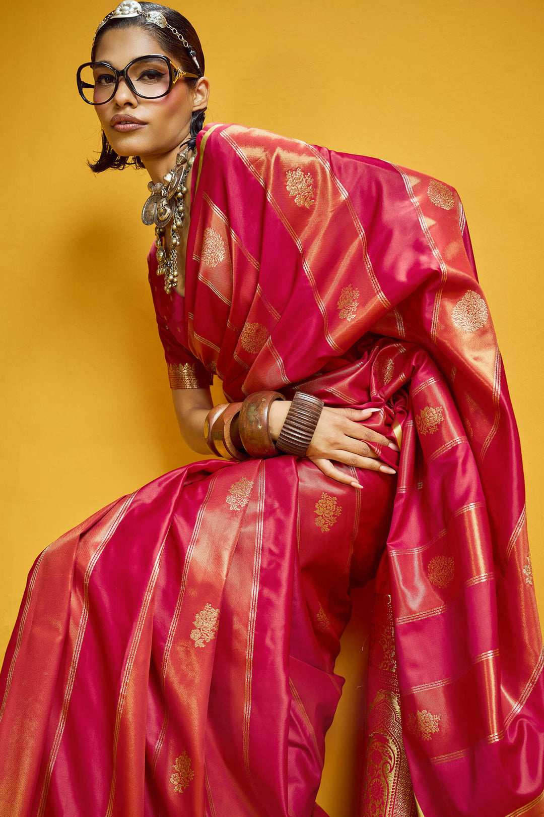 Dark Pink Banarasi Satin Silk Saree