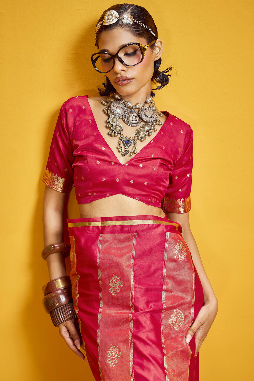 Dark Pink Banarasi Satin Silk Saree