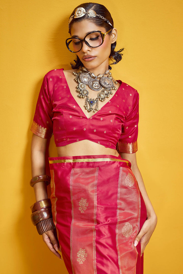 Dark Pink Banarasi Satin Silk Saree