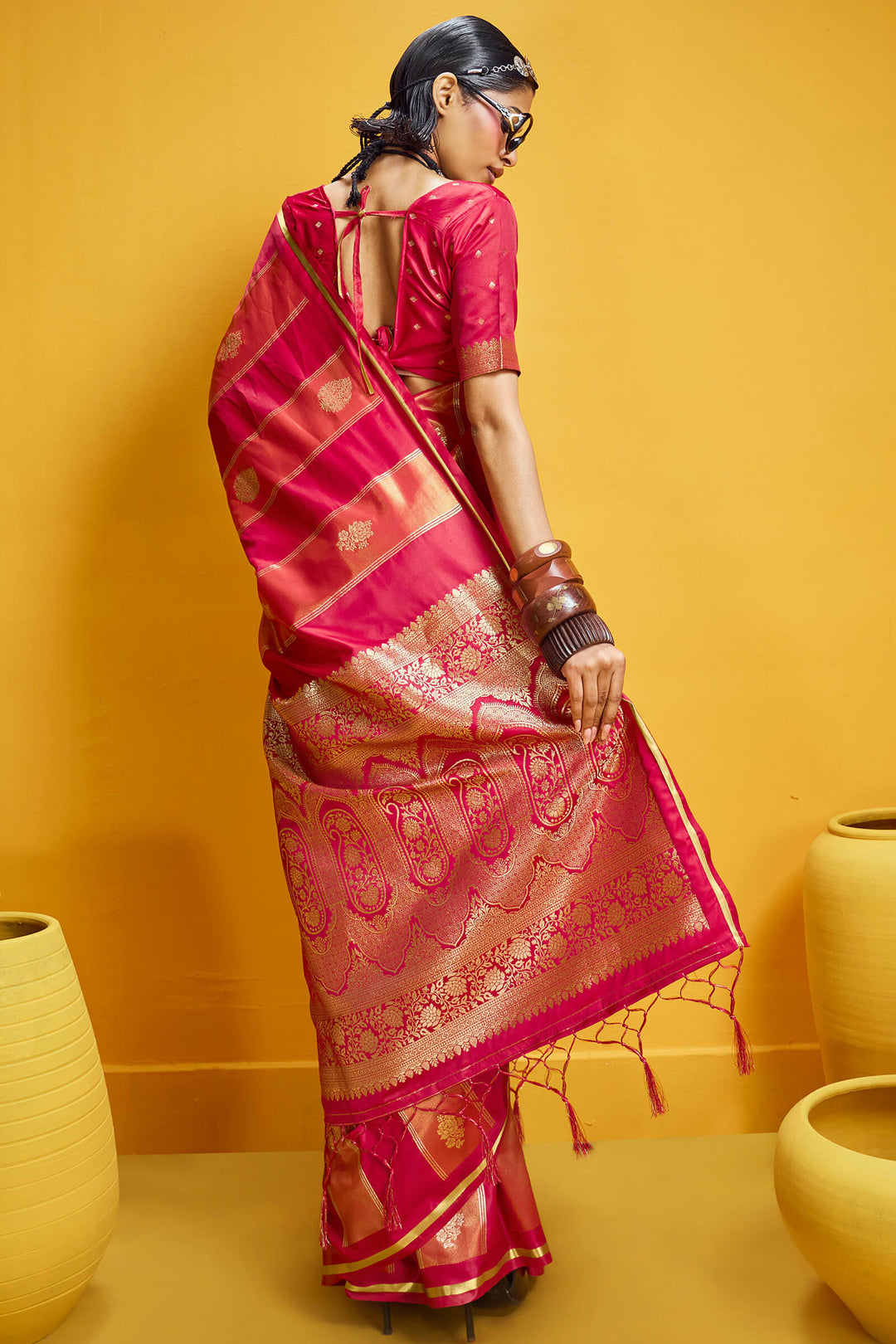 Dark Pink Banarasi Satin Silk Saree