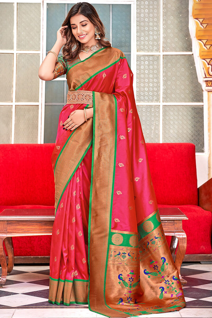 Dark Pink Zari Woven Paithani Silk Saree