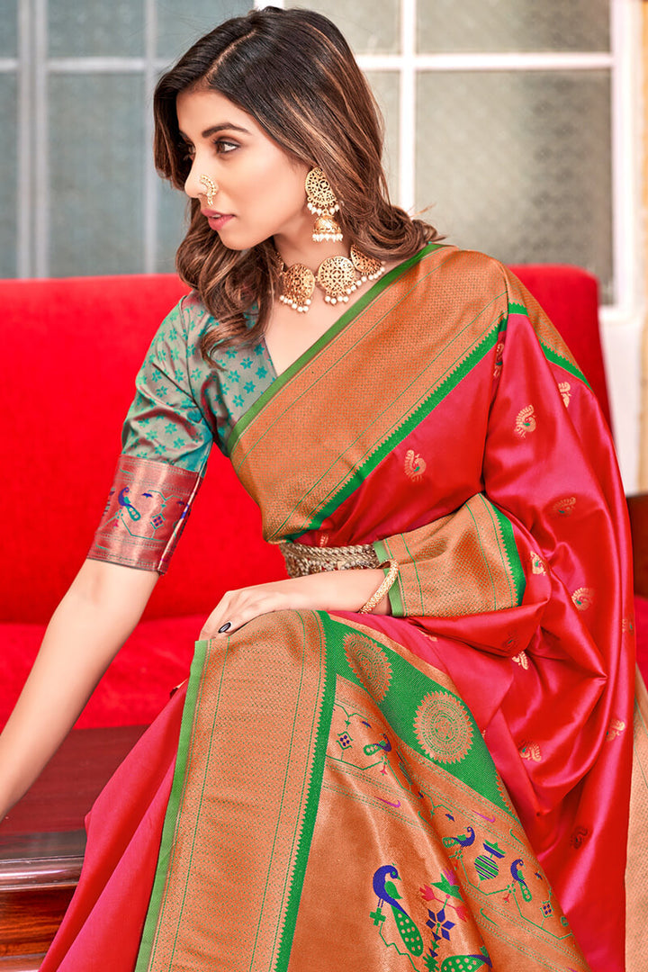 Dark Pink Zari Woven Paithani Silk Saree