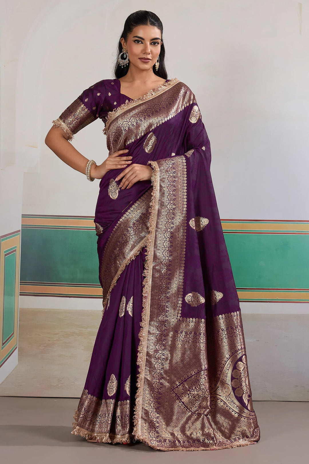 Dark Purple Banarasi Silk Saree with Fancy Lace Border