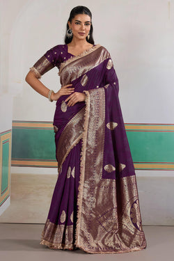 Dark Purple Banarasi Silk Saree with Fancy Lace Border