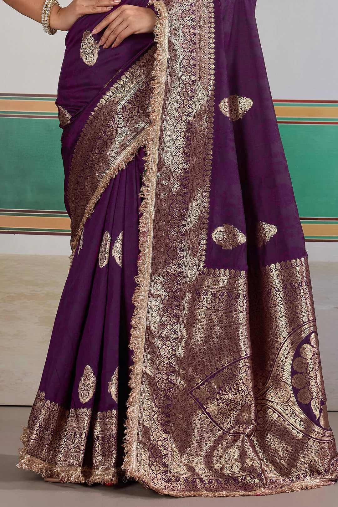 Dark Purple Banarasi Silk Saree with Fancy Lace Border