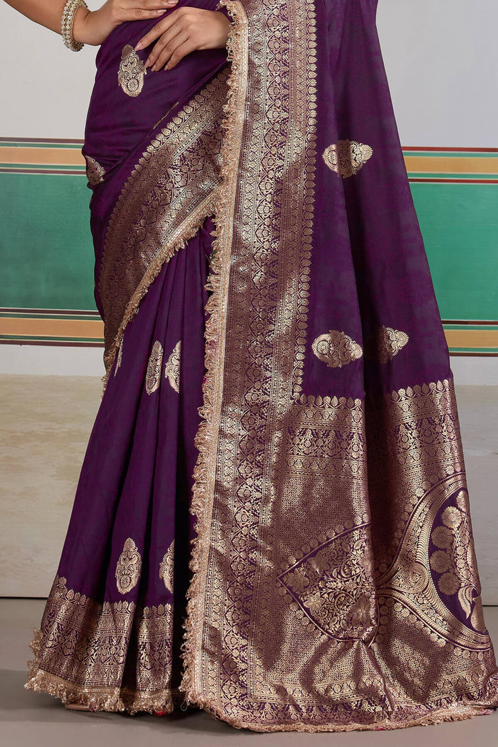 Dark Purple Banarasi Silk Saree with Fancy Lace Border