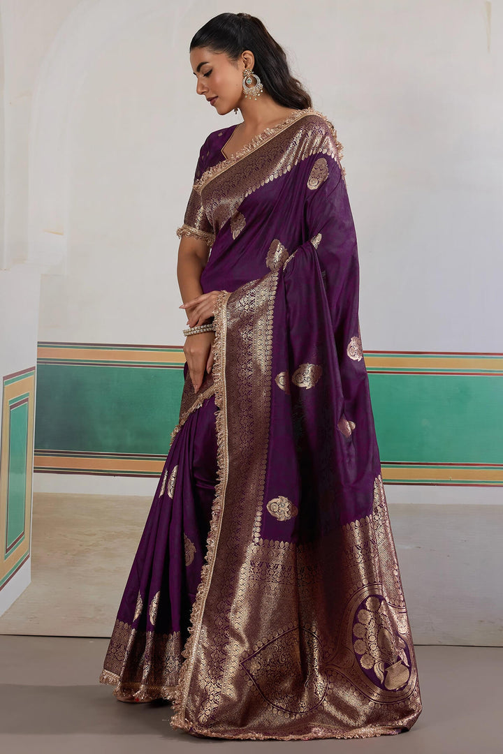 Dark Purple Banarasi Silk Saree with Fancy Lace Border