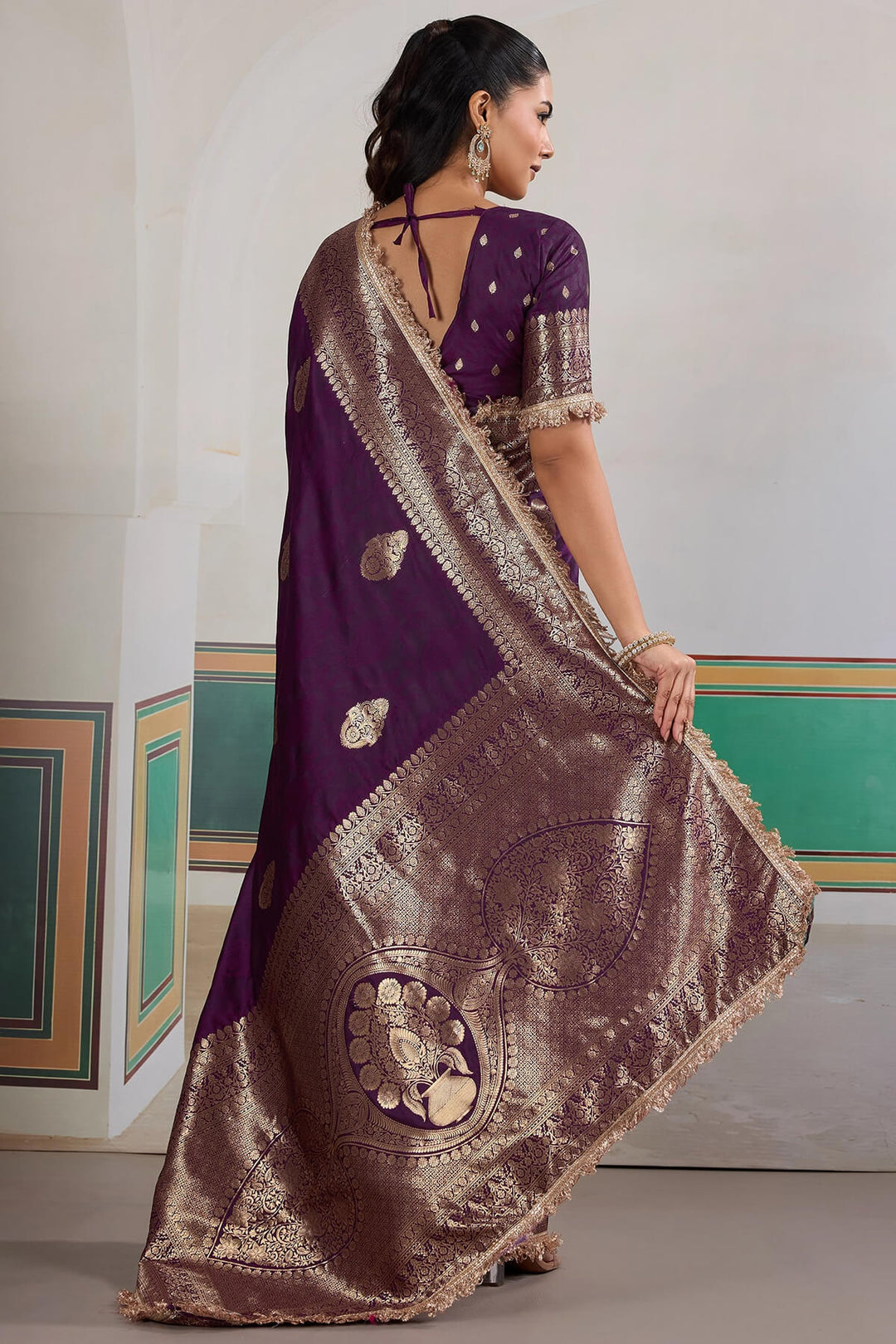 Dark Purple Banarasi Silk Saree with Fancy Lace Border