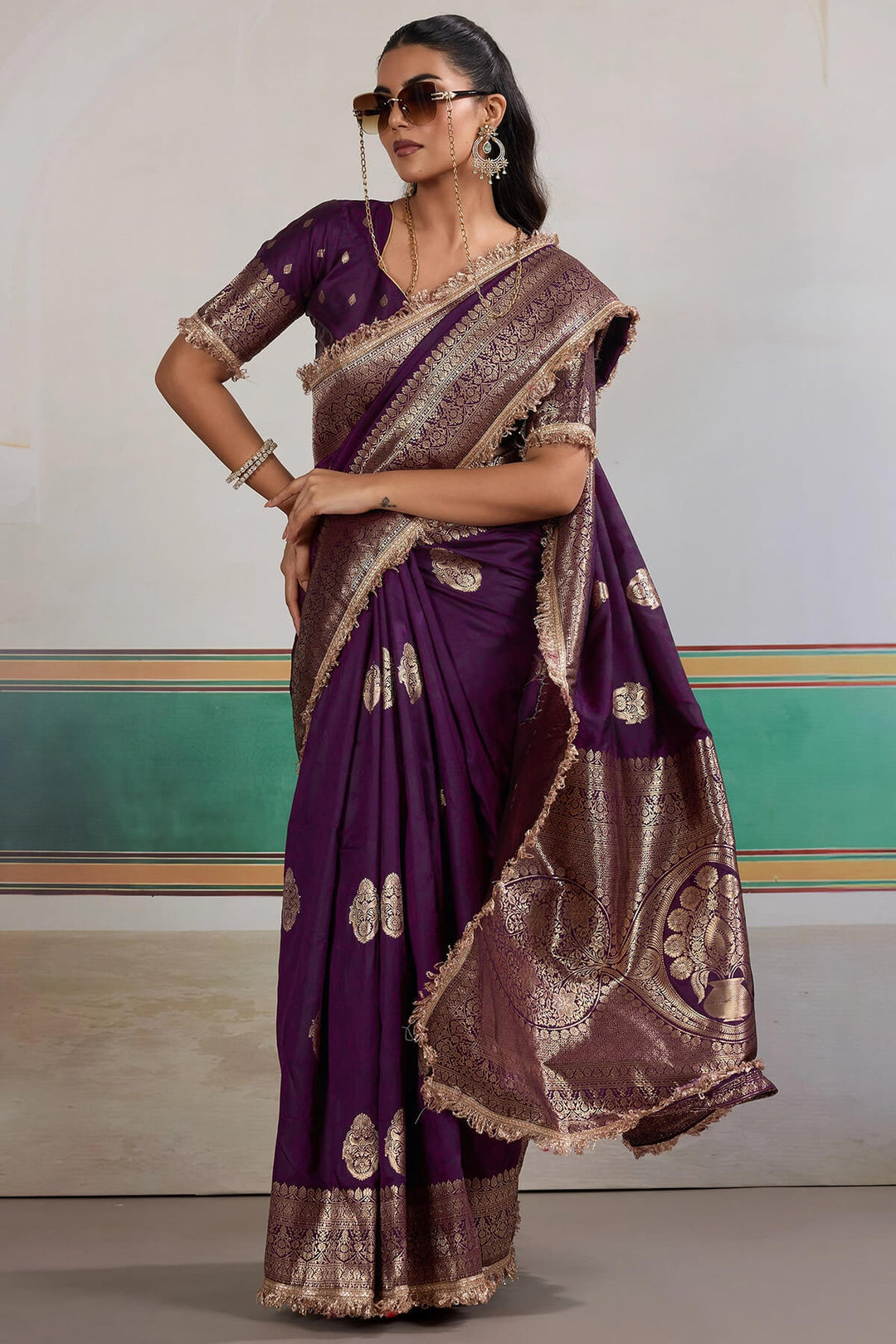 Dark Purple Banarasi Silk Saree with Fancy Lace Border