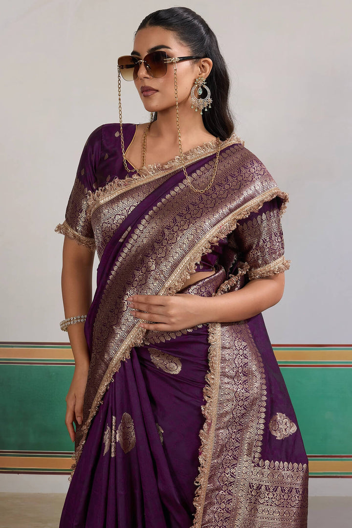 Dark Purple Banarasi Silk Saree with Fancy Lace Border