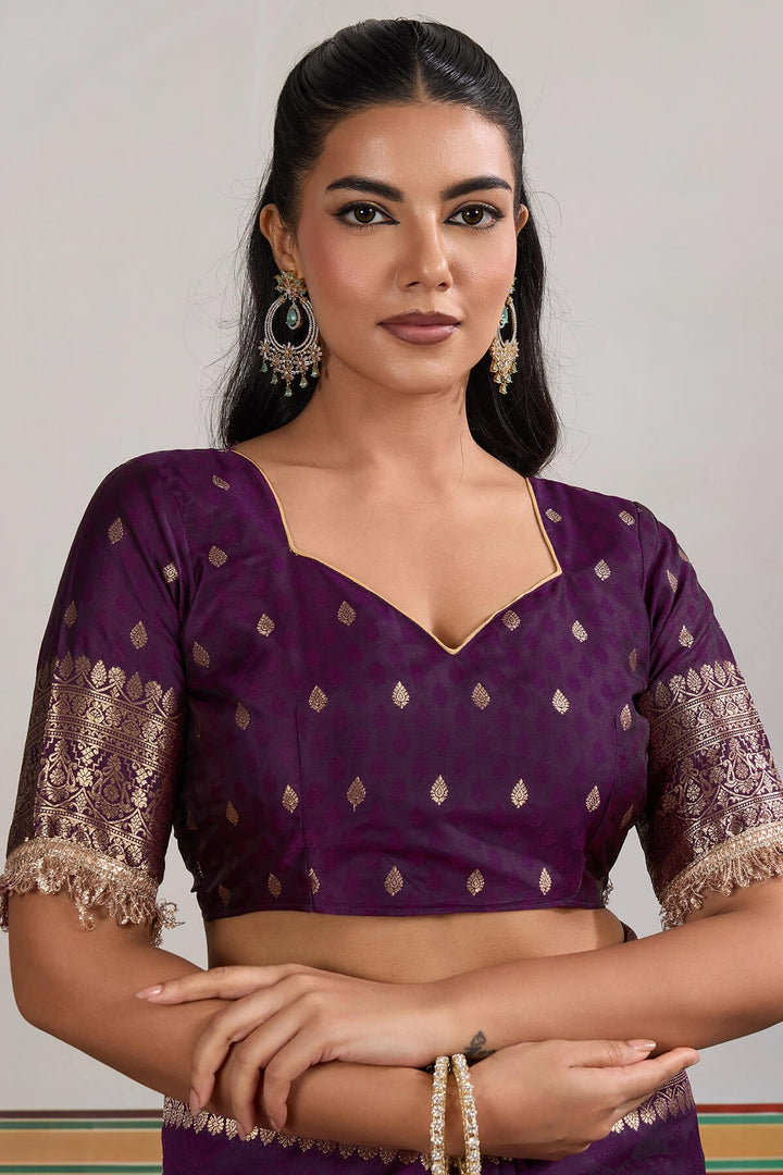 Dark Purple Banarasi Silk Saree with Fancy Lace Border