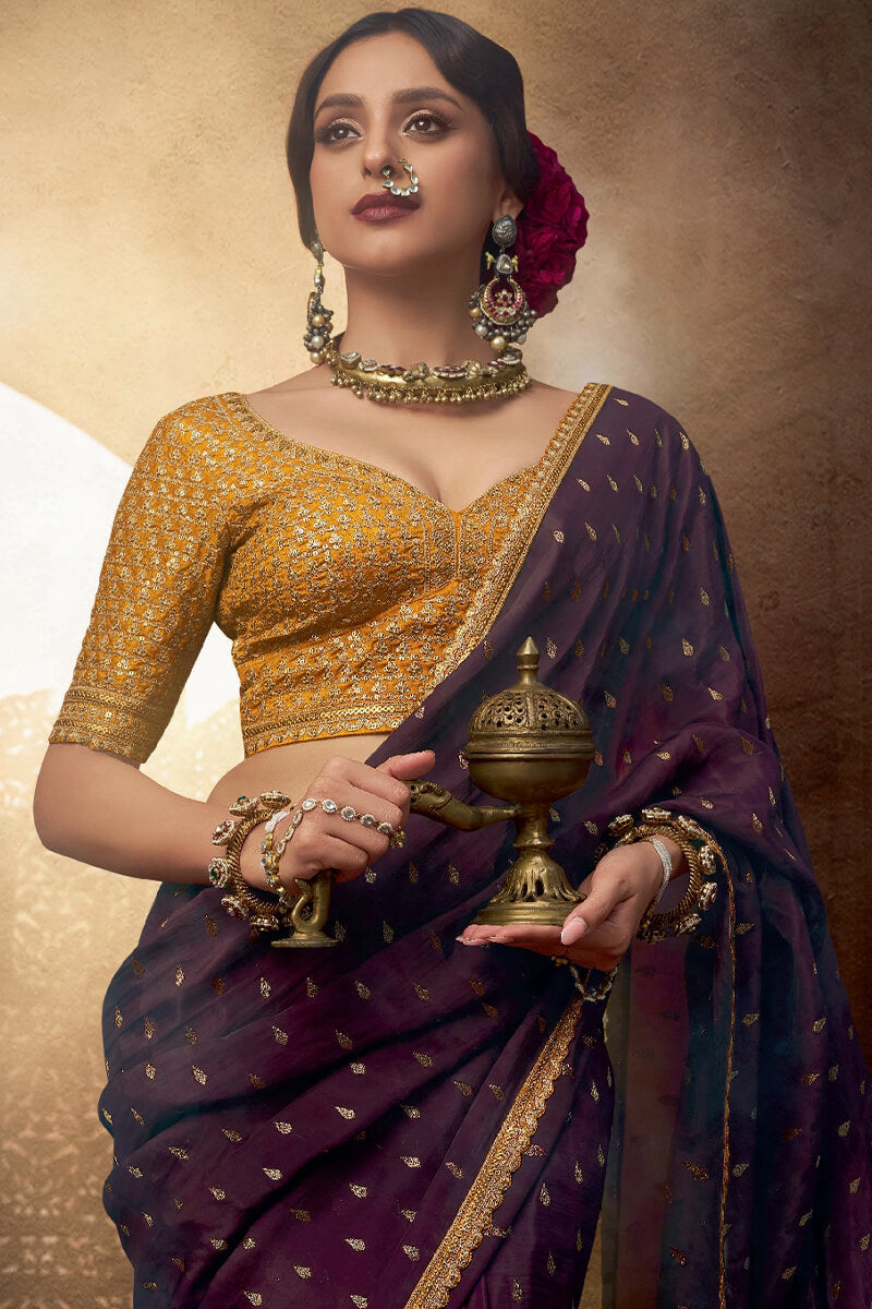 Dark Purple Pure Viscose Crepe Silk Saree with Embroidery Blouse Piece