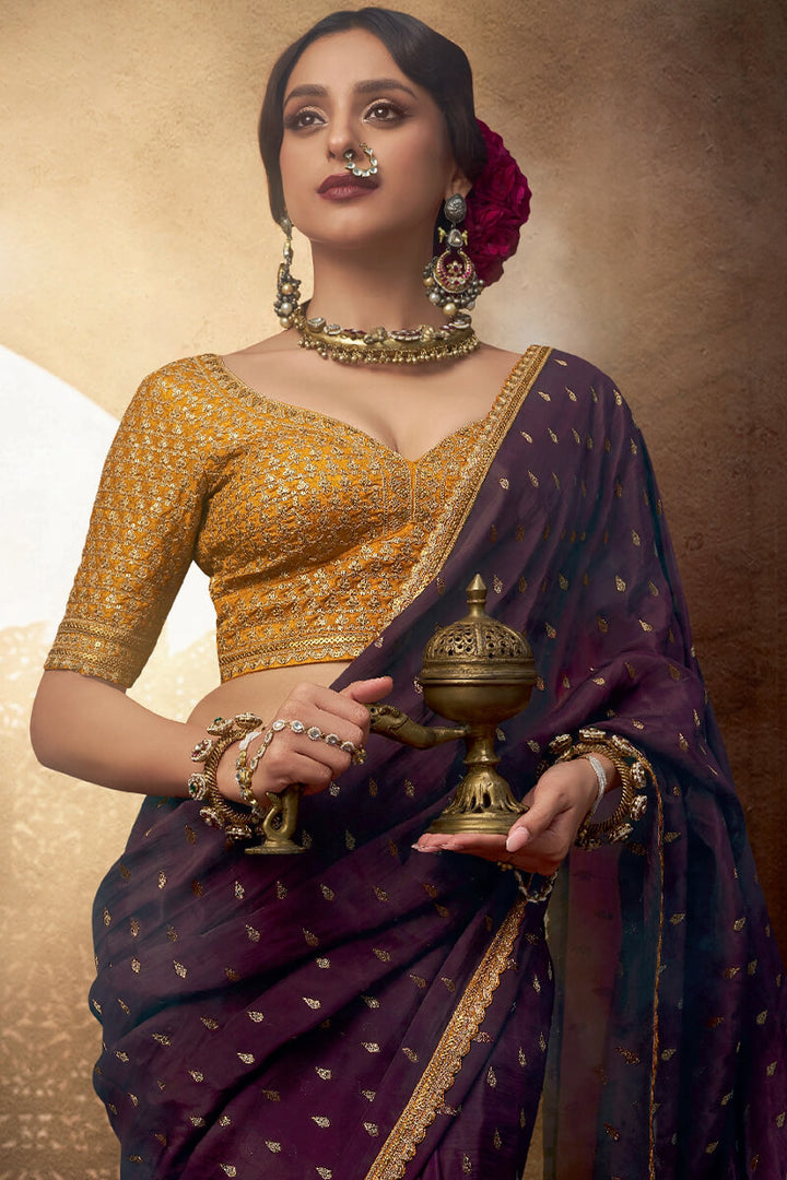 Dark Purple Pure Viscose Crepe Silk Saree with Embroidery Blouse Piece