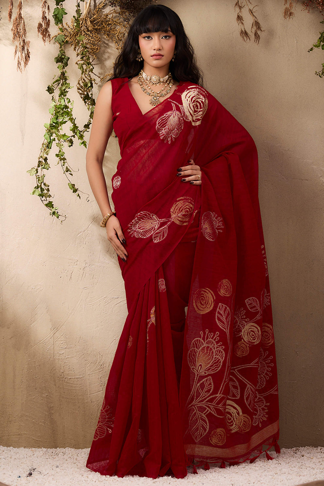 Dark Red Munga Silk Saree