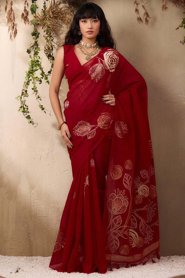Dark Red Munga Silk Saree