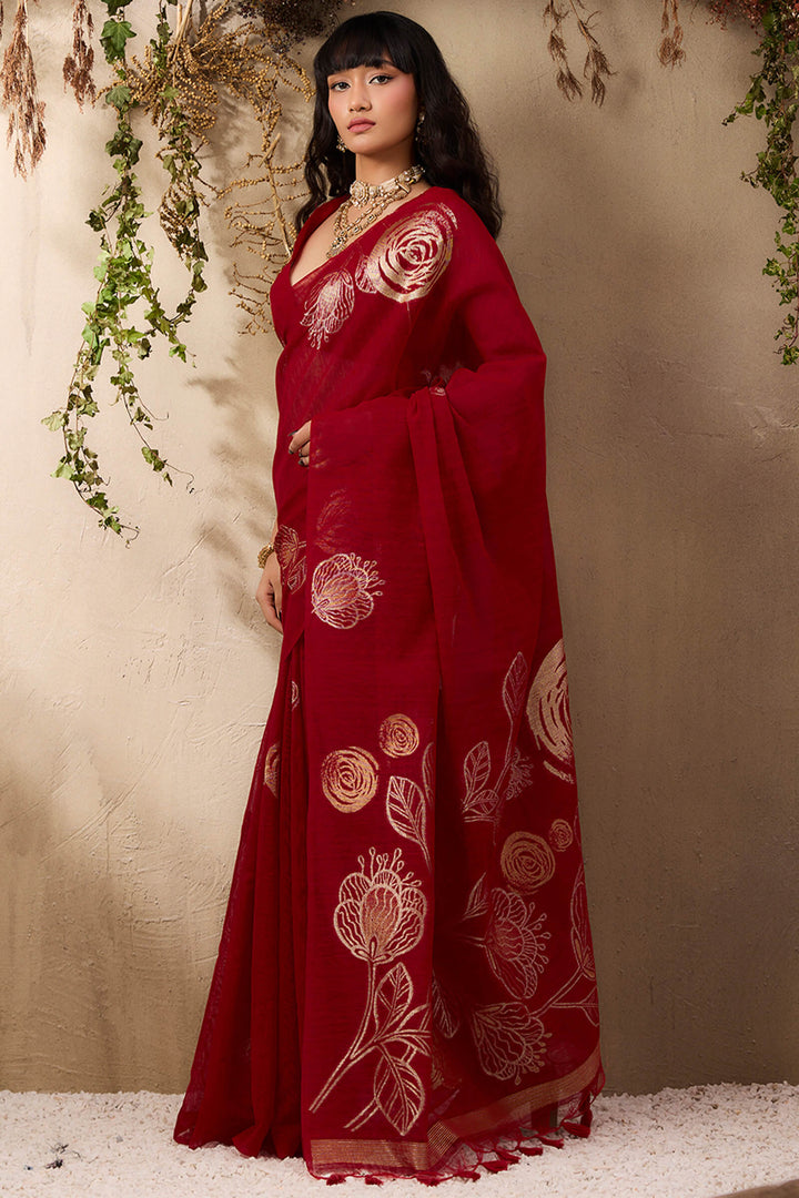 Dark Red Munga Silk Saree