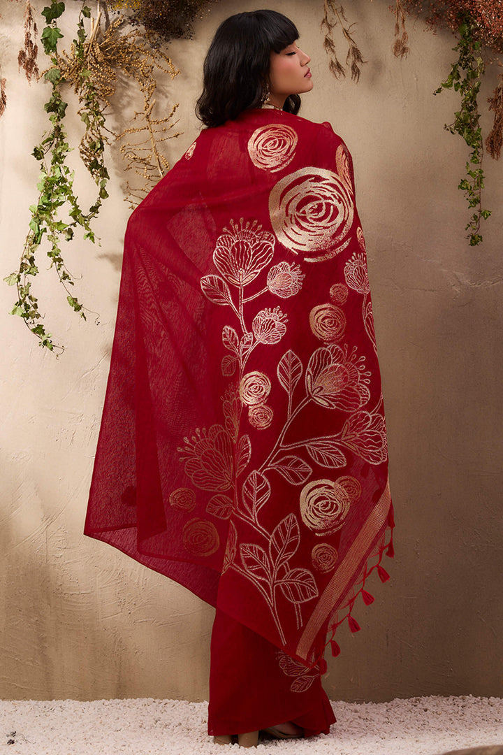 Dark Red Munga Silk Saree