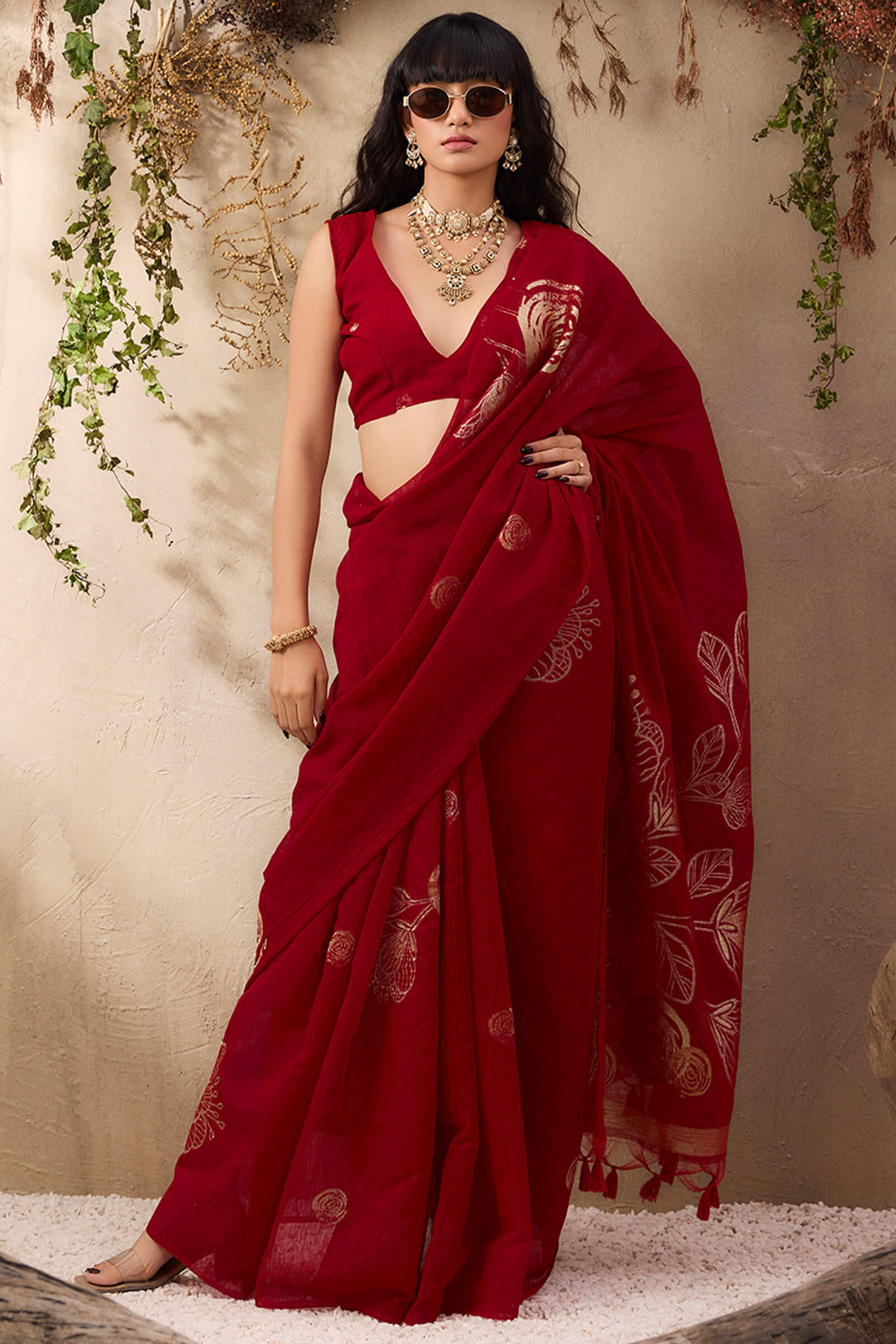 Dark Red Munga Silk Saree