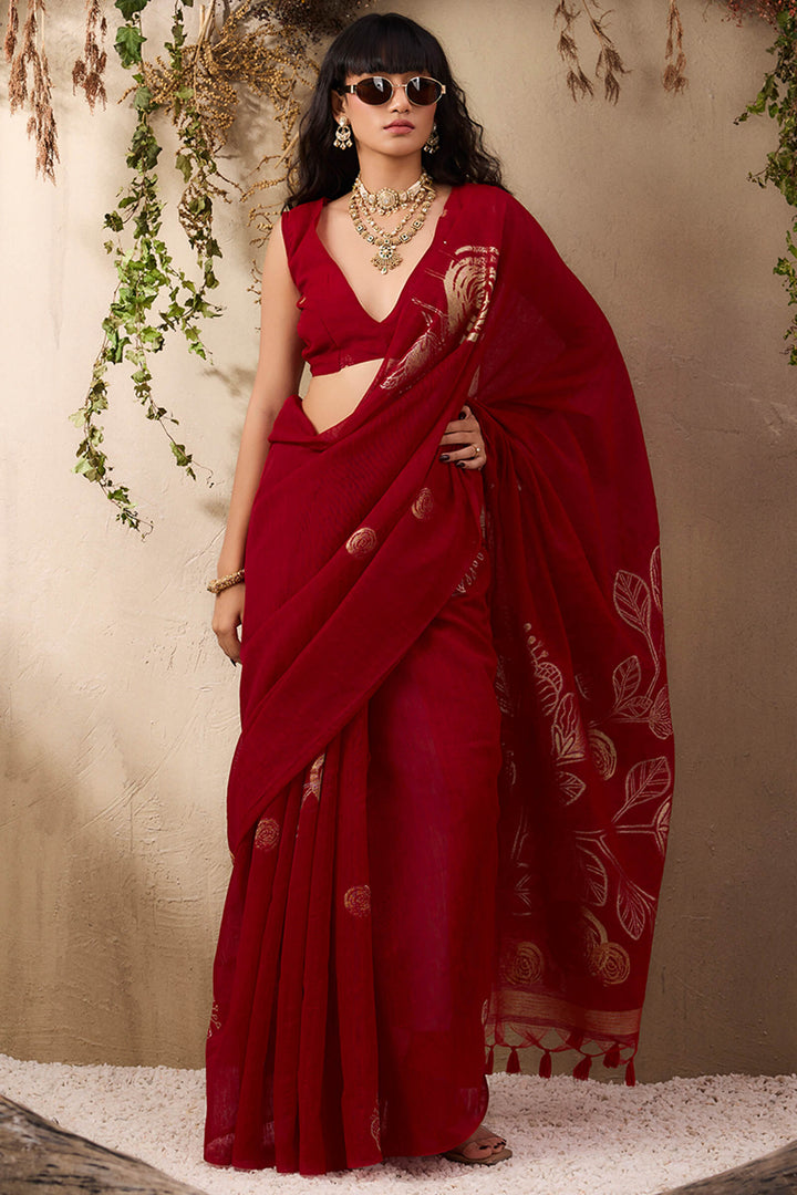 Dark Red Munga Silk Saree