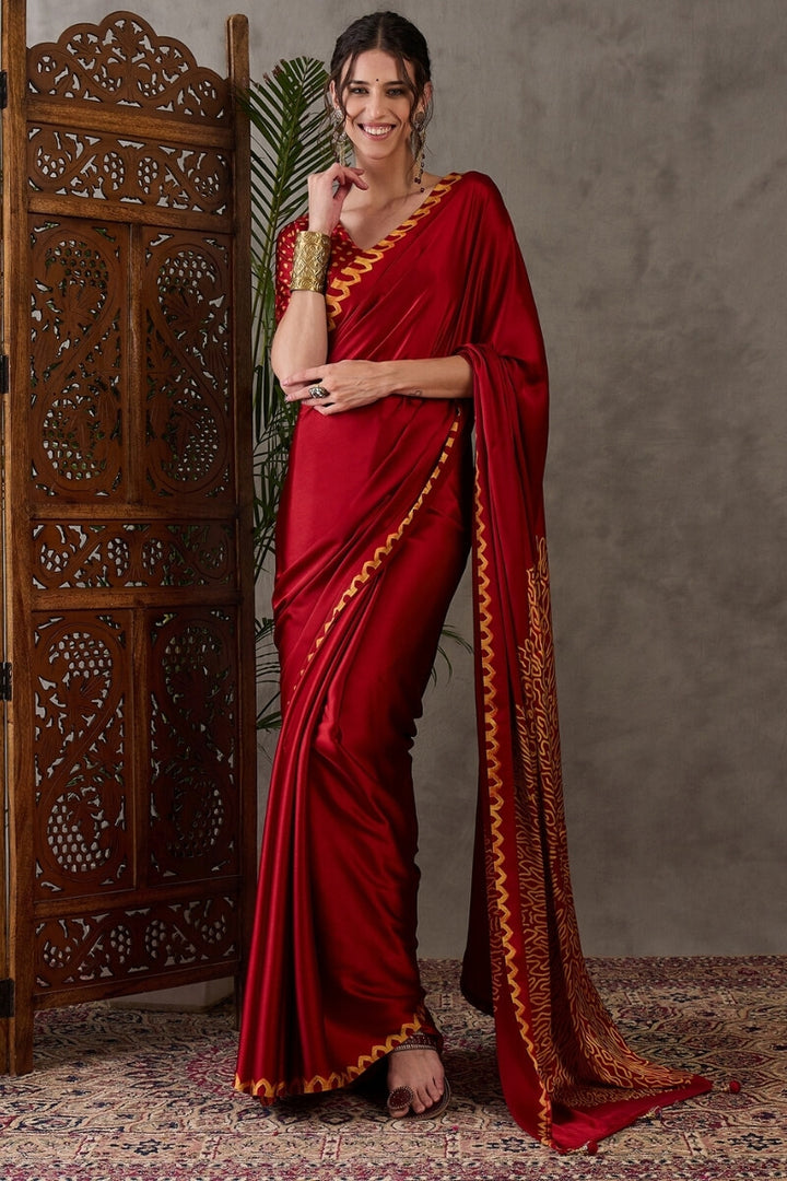 Dark Red Printed Satin Silk Saree