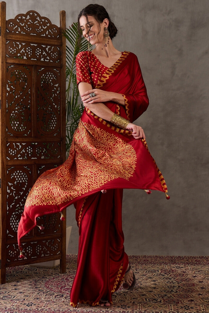 Dark Red Printed Satin Silk Saree