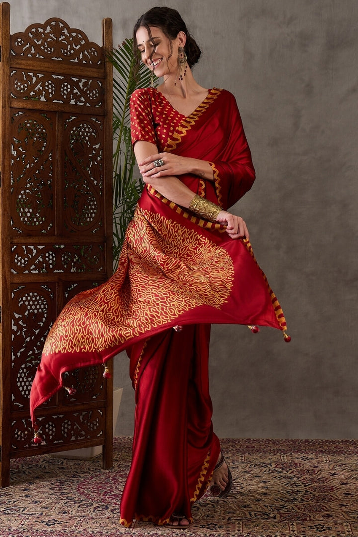 Dark Red Printed Satin Silk Saree