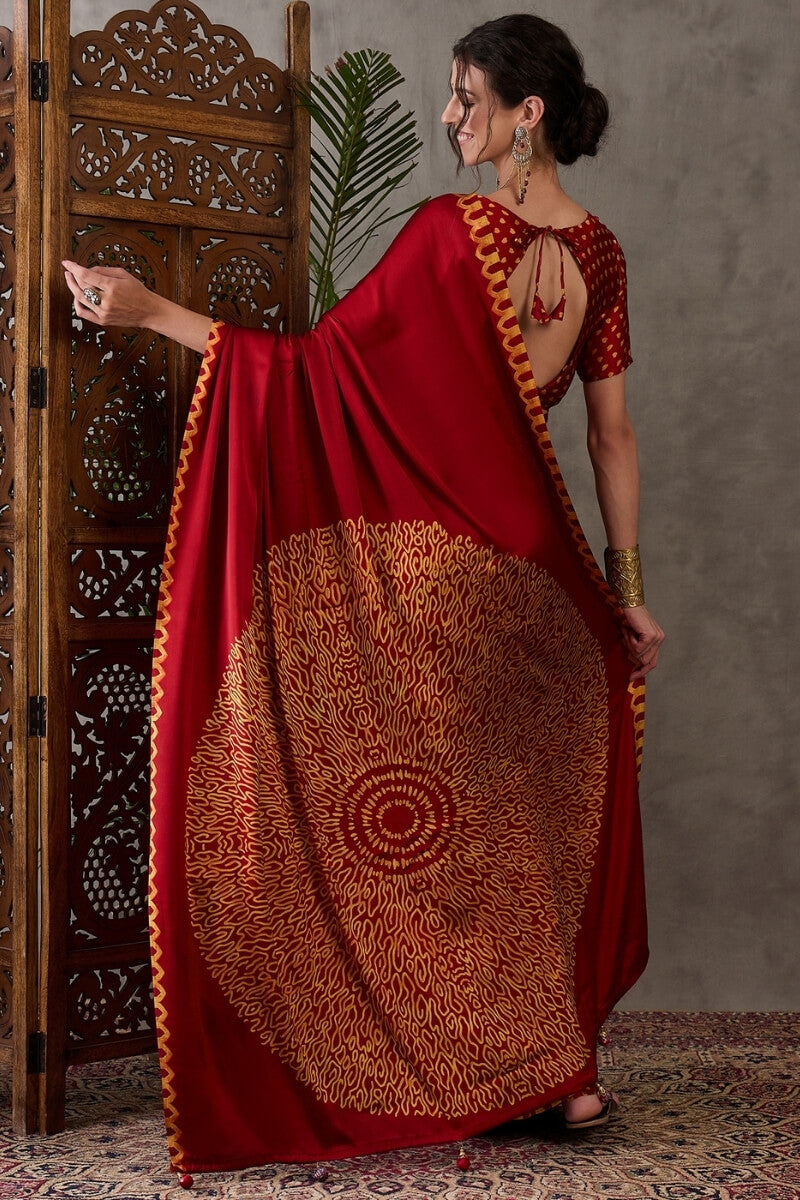 Dark Red Printed Satin Silk Saree