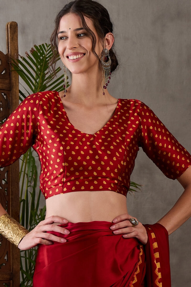 Dark Red Printed Satin Silk Saree