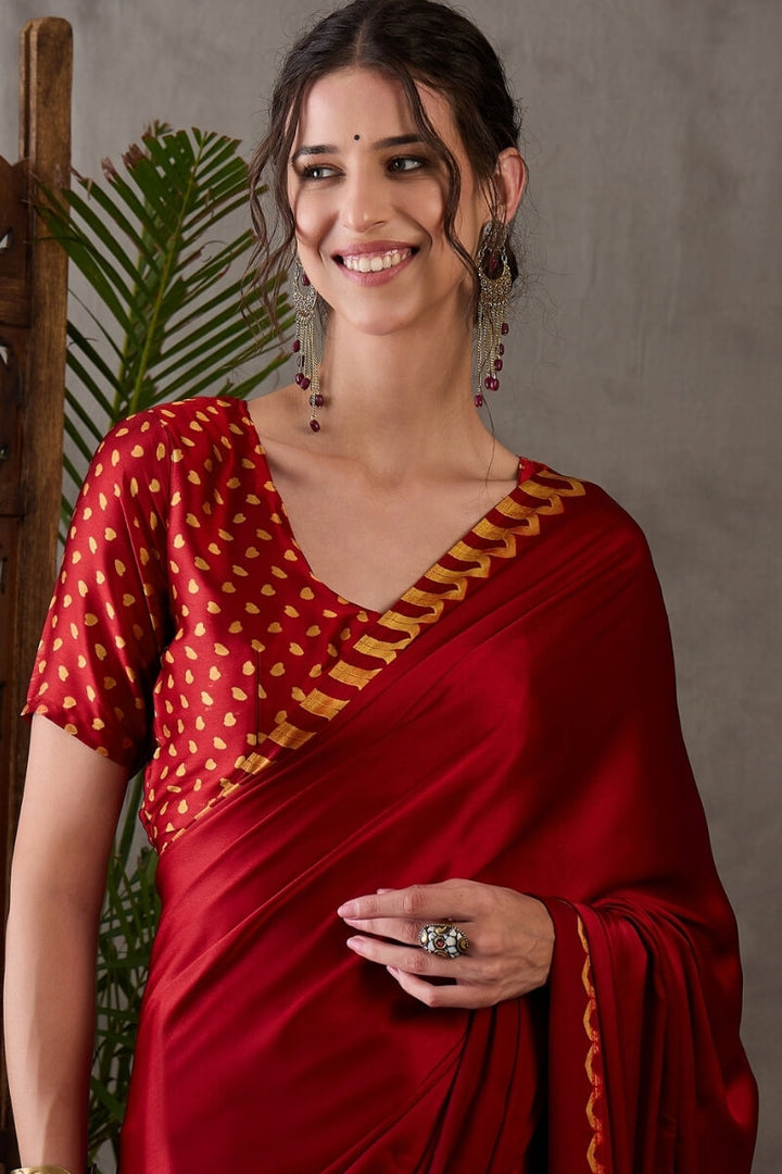 Dark Red Printed Satin Silk Saree