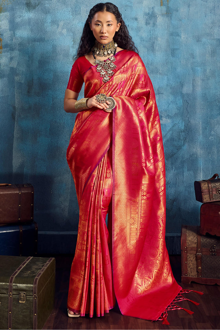 Dark Rose Pink Zari Woven Kanjivaram Silk Saree