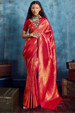 Dark Rose Pink Zari Woven Kanjivaram Silk Saree