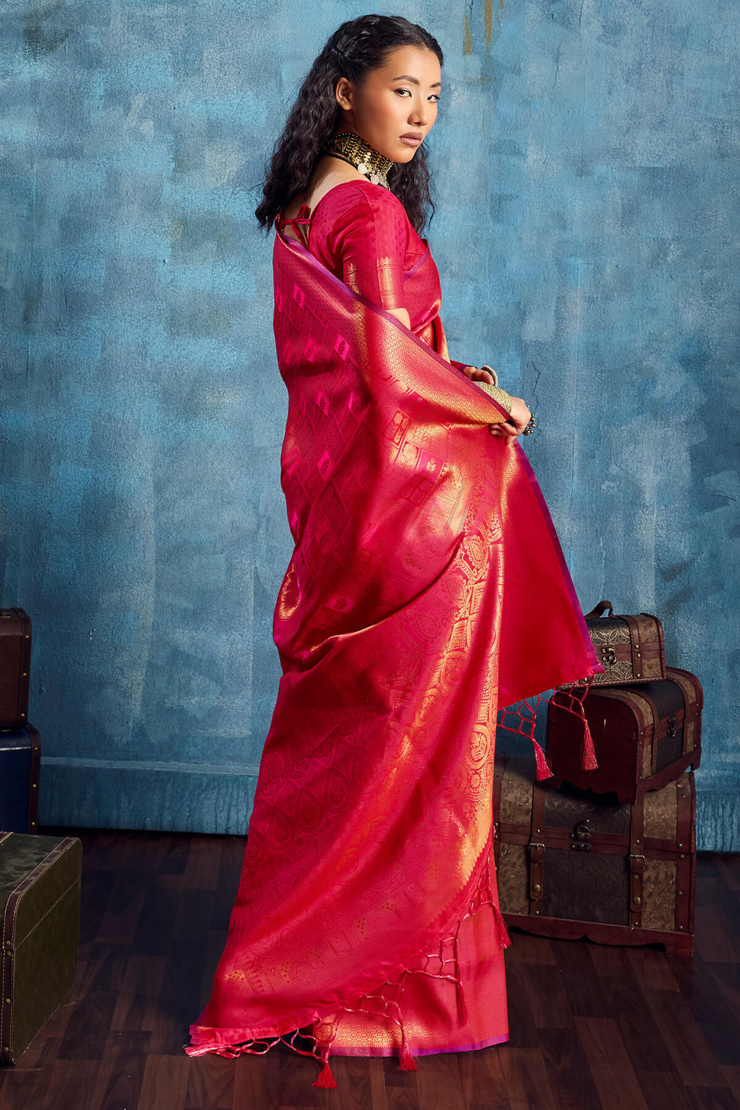 Dark Rose Pink Zari Woven Kanjivaram Silk Saree