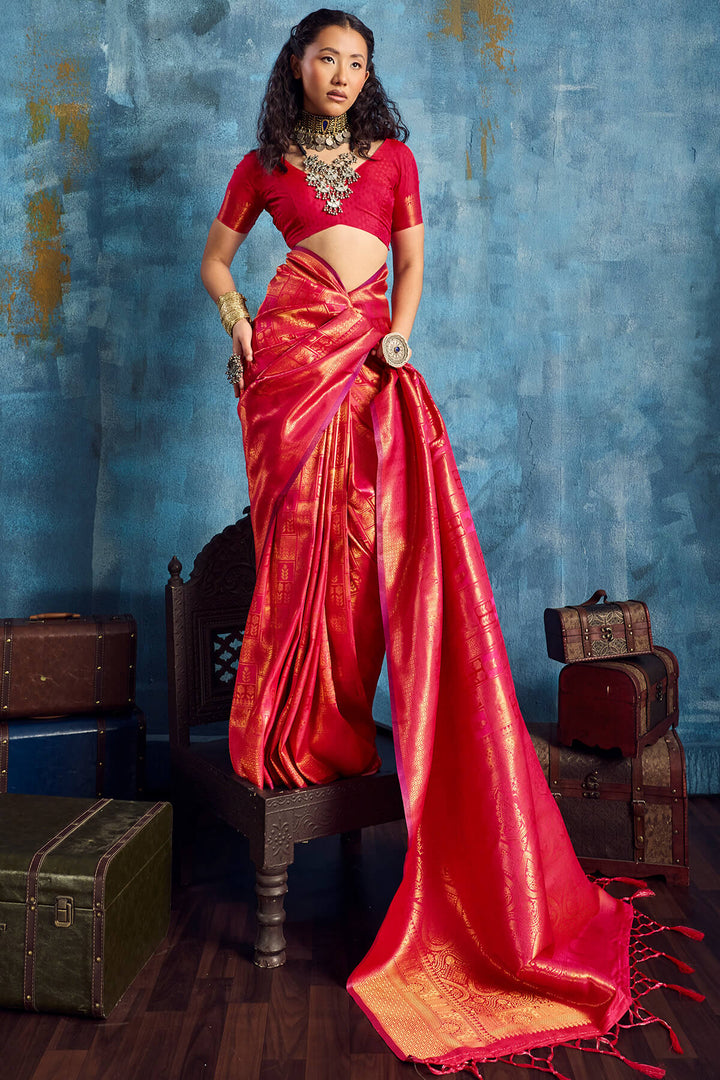 Dark Rose Pink Zari Woven Kanjivaram Silk Saree