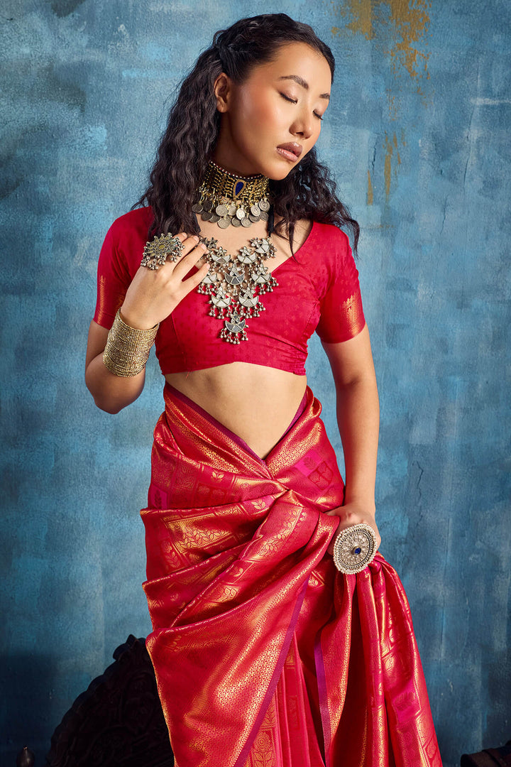 Dark Rose Pink Zari Woven Kanjivaram Silk Saree