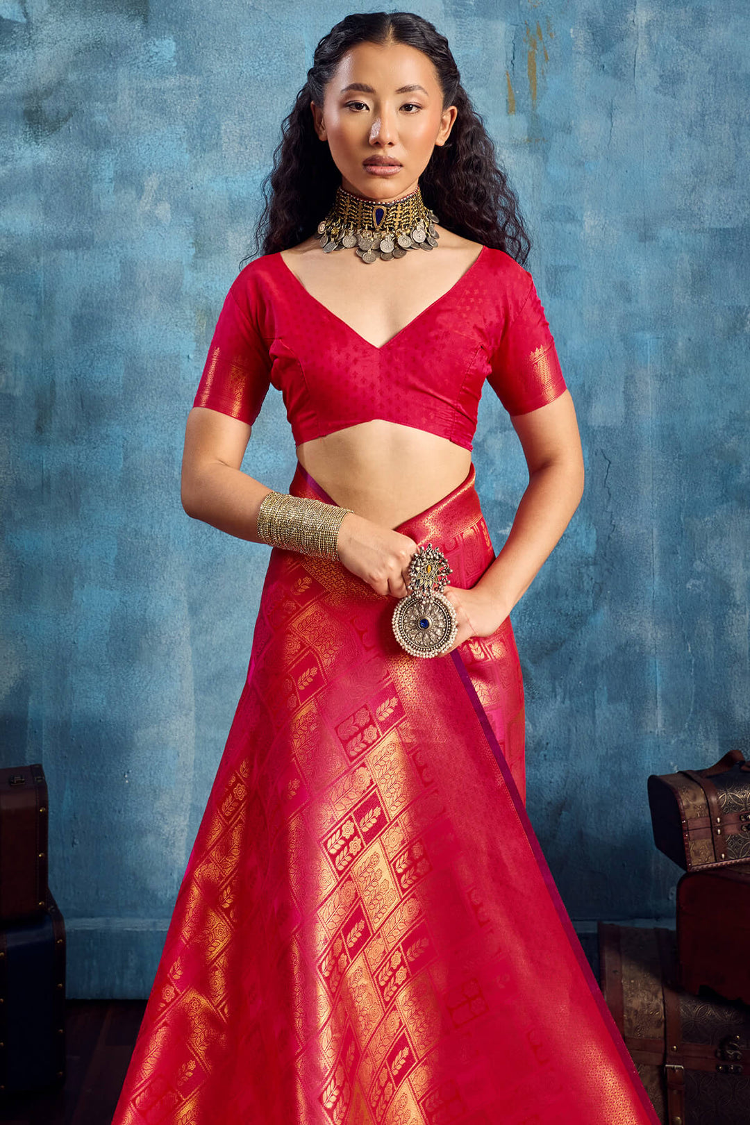 Dark Rose Pink Zari Woven Kanjivaram Silk Saree