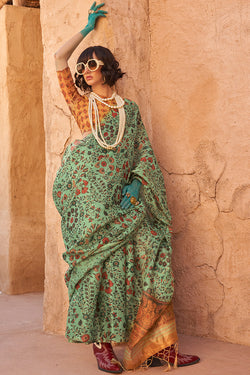 Dark Sea Green Printed Tissue Silk Saree