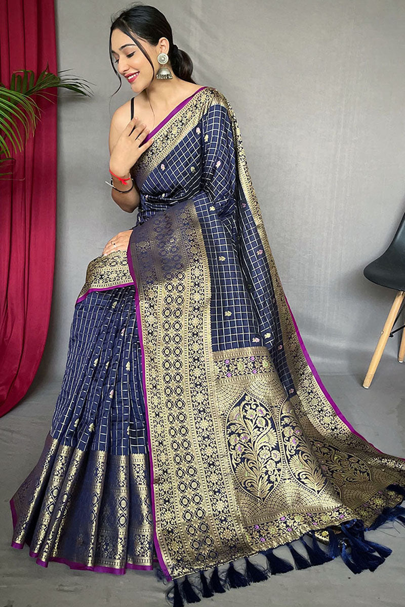 Dark Slate Blue Banarasi Silk Saree