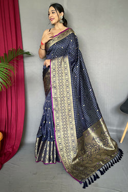 Dark Slate Blue Banarasi Silk Saree