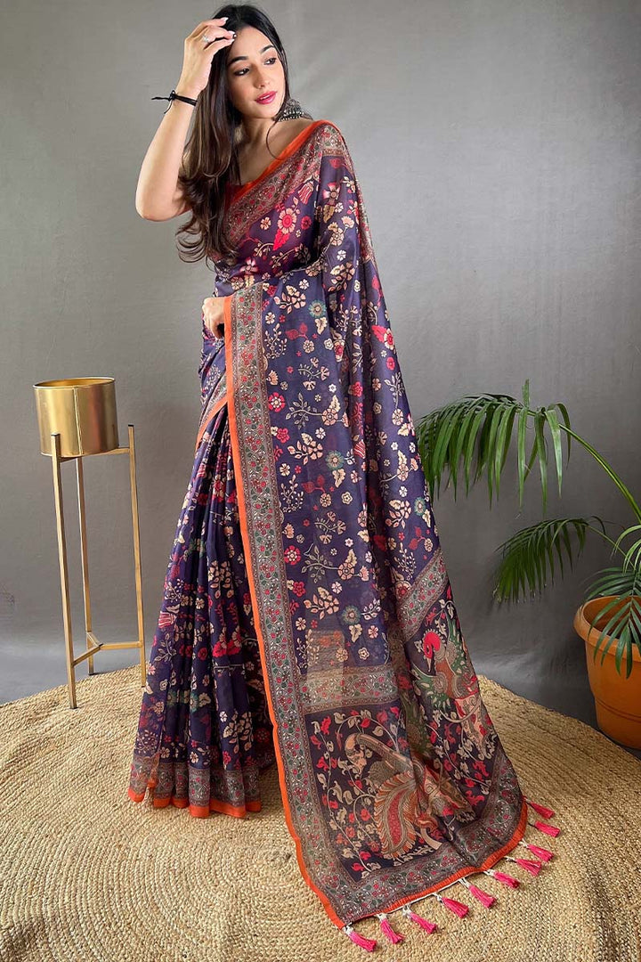 Dark Slate Blue Kalamkari Printed Cotton Saree