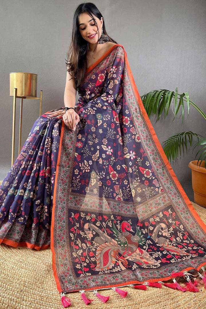 Dark Slate Blue Kalamkari Printed Cotton Saree