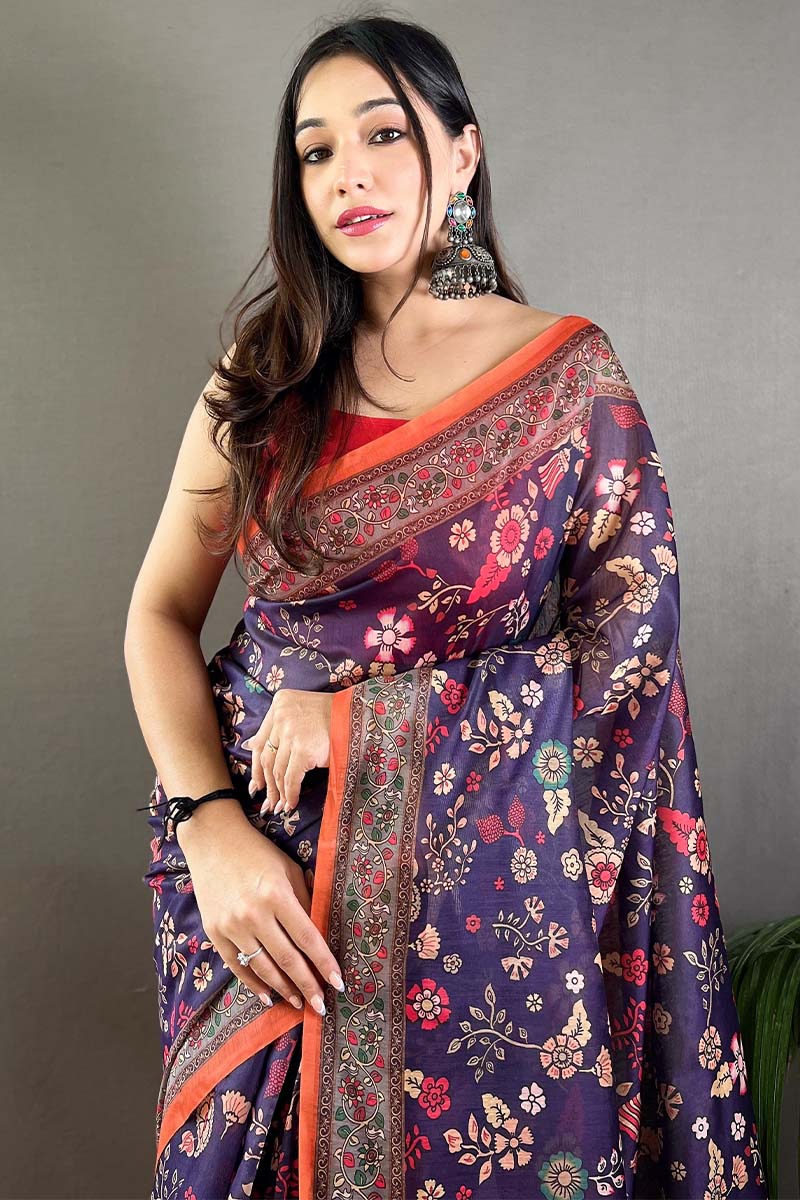 Dark Slate Blue Kalamkari Printed Cotton Saree