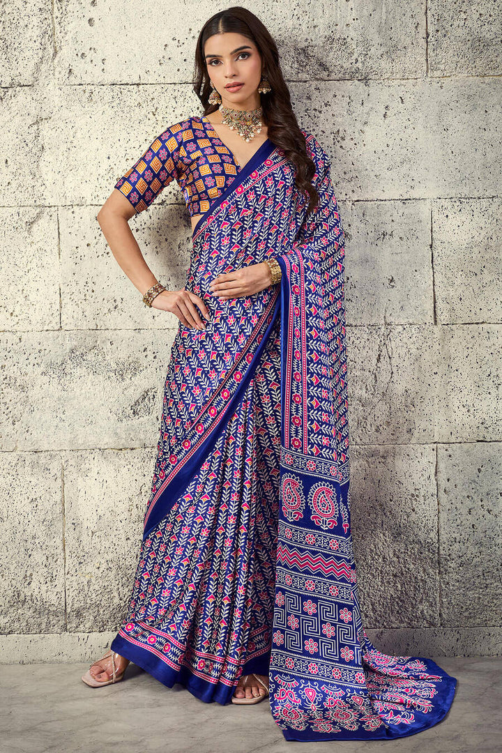 Dark Slate Blue Printed Semi Modal Satin Silk Saree