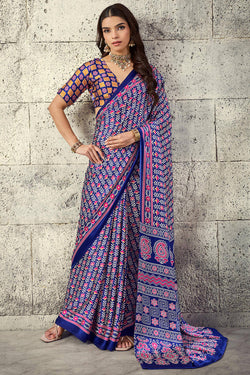 Dark Slate Blue Printed Semi Modal Satin Silk Saree
