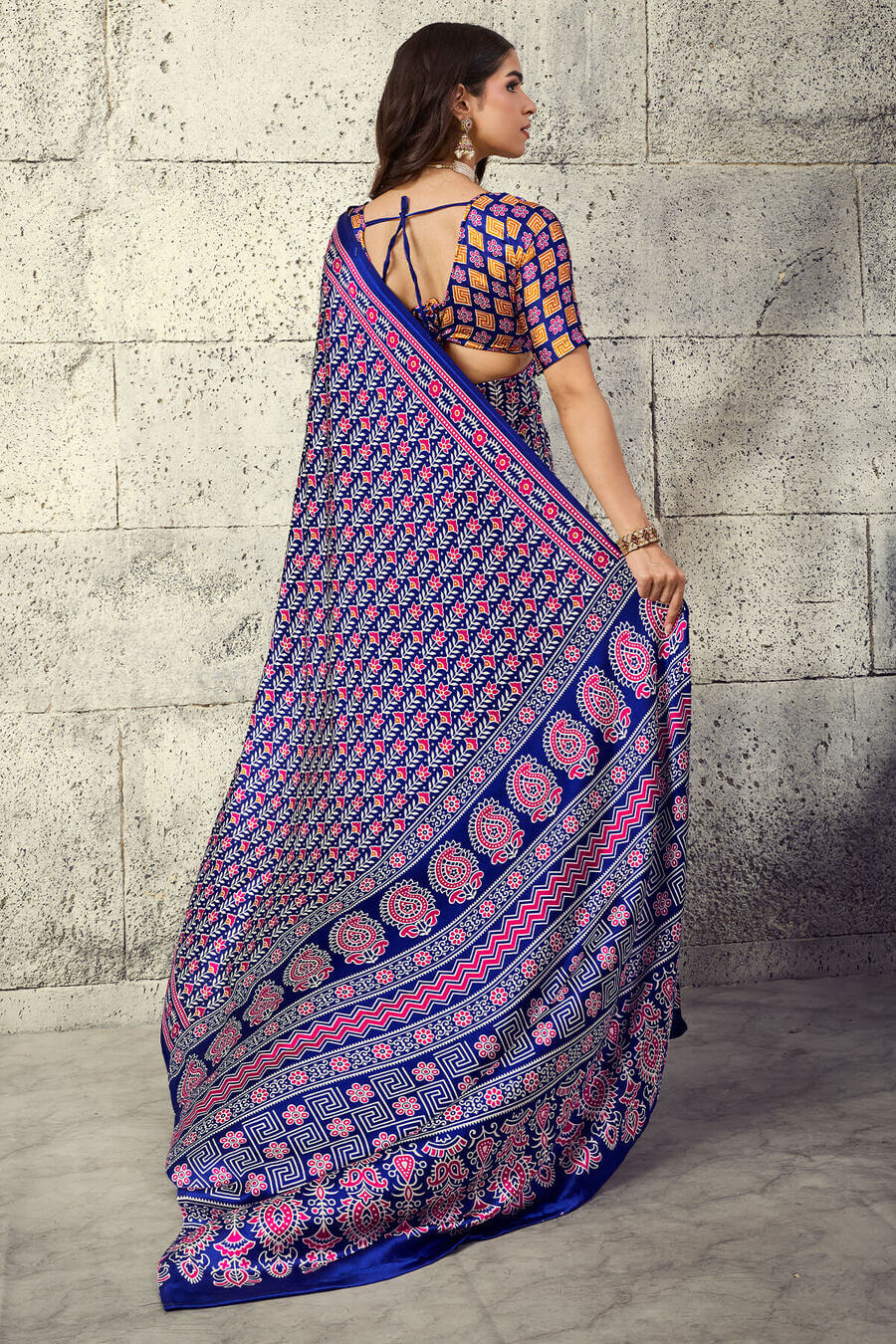Dark Slate Blue Printed Semi Modal Satin Silk Saree