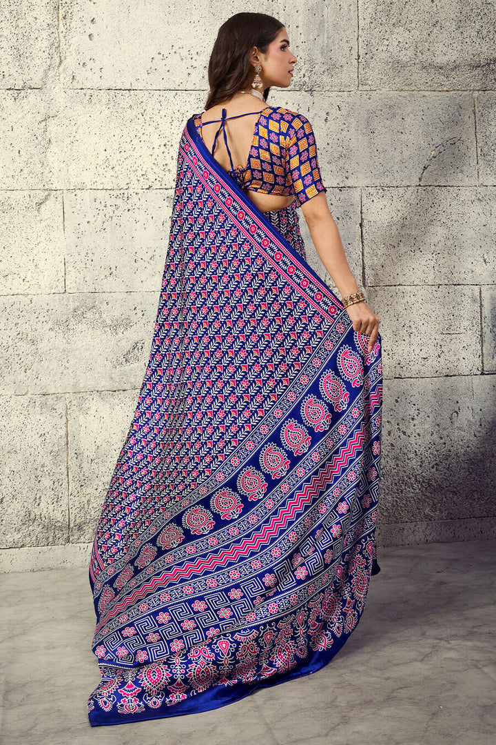 Dark Slate Blue Printed Semi Modal Satin Silk Saree