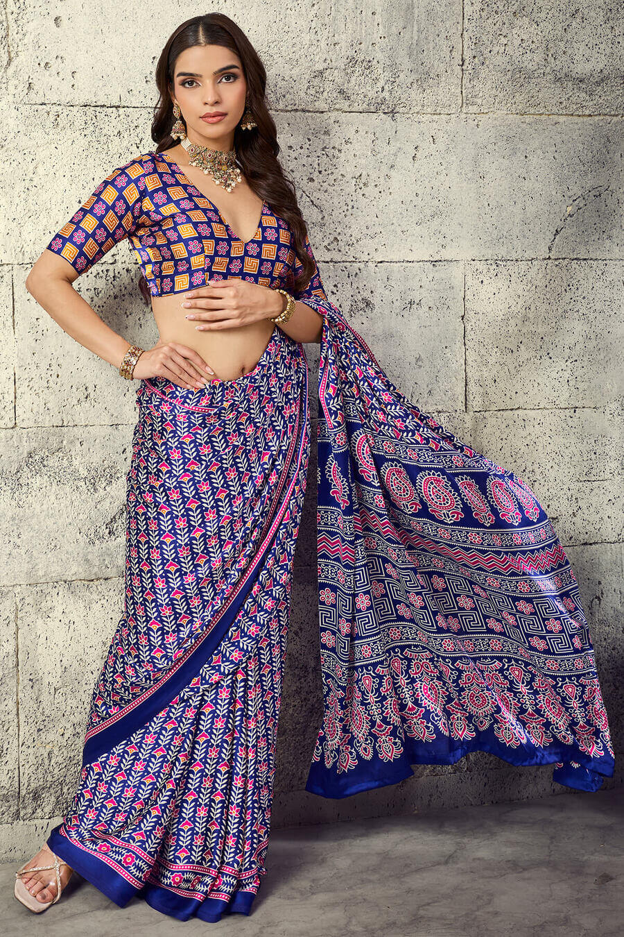 Dark Slate Blue Printed Semi Modal Satin Silk Saree